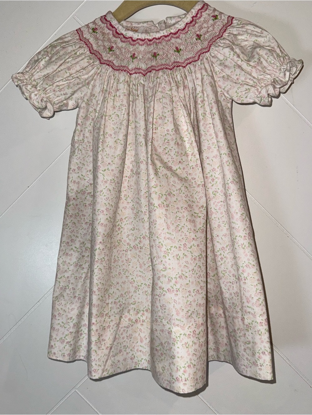 Anavini Light Pink Green Smocked Girls' Floral Dress with Puff Sleeves 12 Months